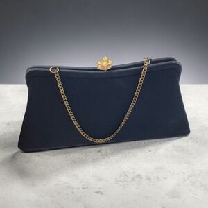 Vintage Black Satin Evening Clutch Bag Gold Floral Clasp Chain Strap Mid Century
